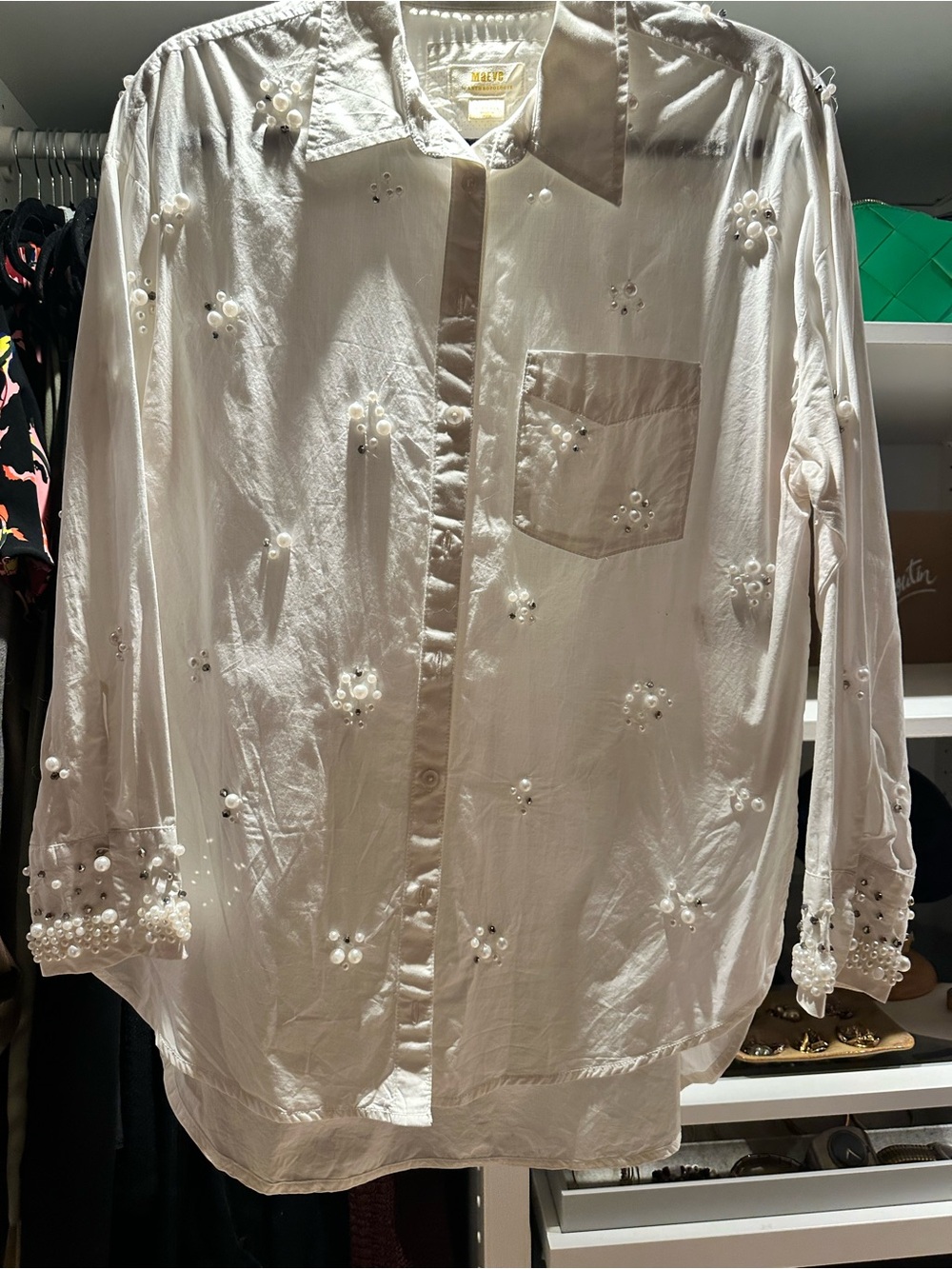 Anthropologie White Beaded Embellished Button-Down Shirt